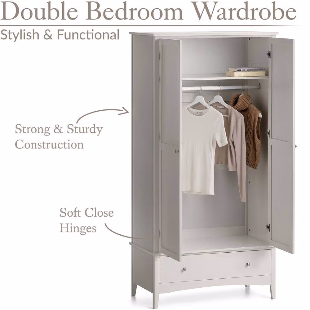 Christow Double Wardrobe with Drawer and Soft-Close Doors in Natural and White, H 185 x W 94.5 x D 50 cm – 2