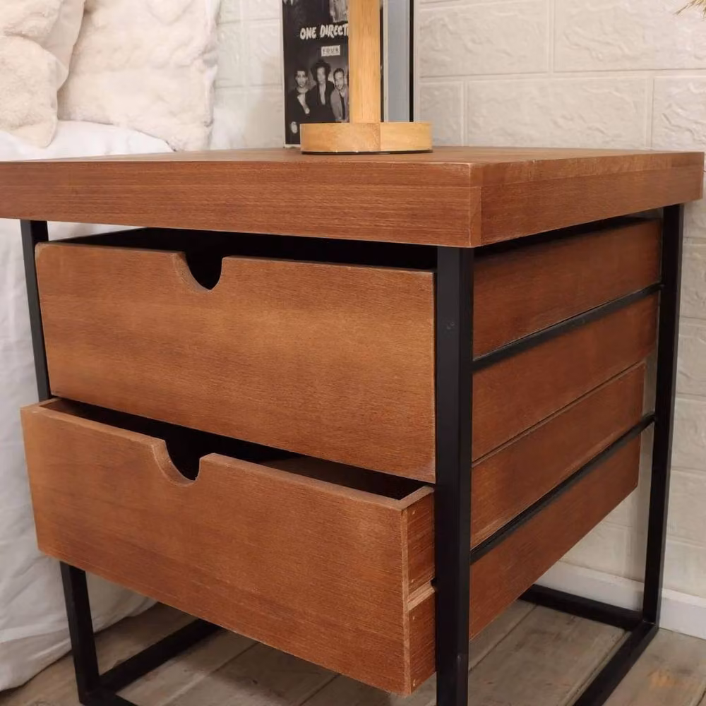 FORGEVIO Industrial Side Table with 2 Storage Drawers, Brown and Black Metal and Wood Design – 2