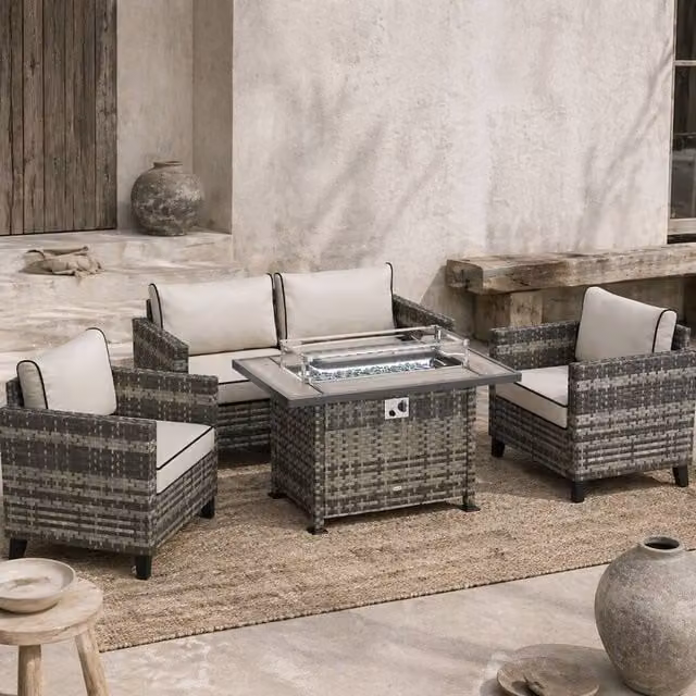 Wyld Haus Nerato Grey 4 Seater Rattan Garden Sofa Set with Gas Fire Pit Table – 1