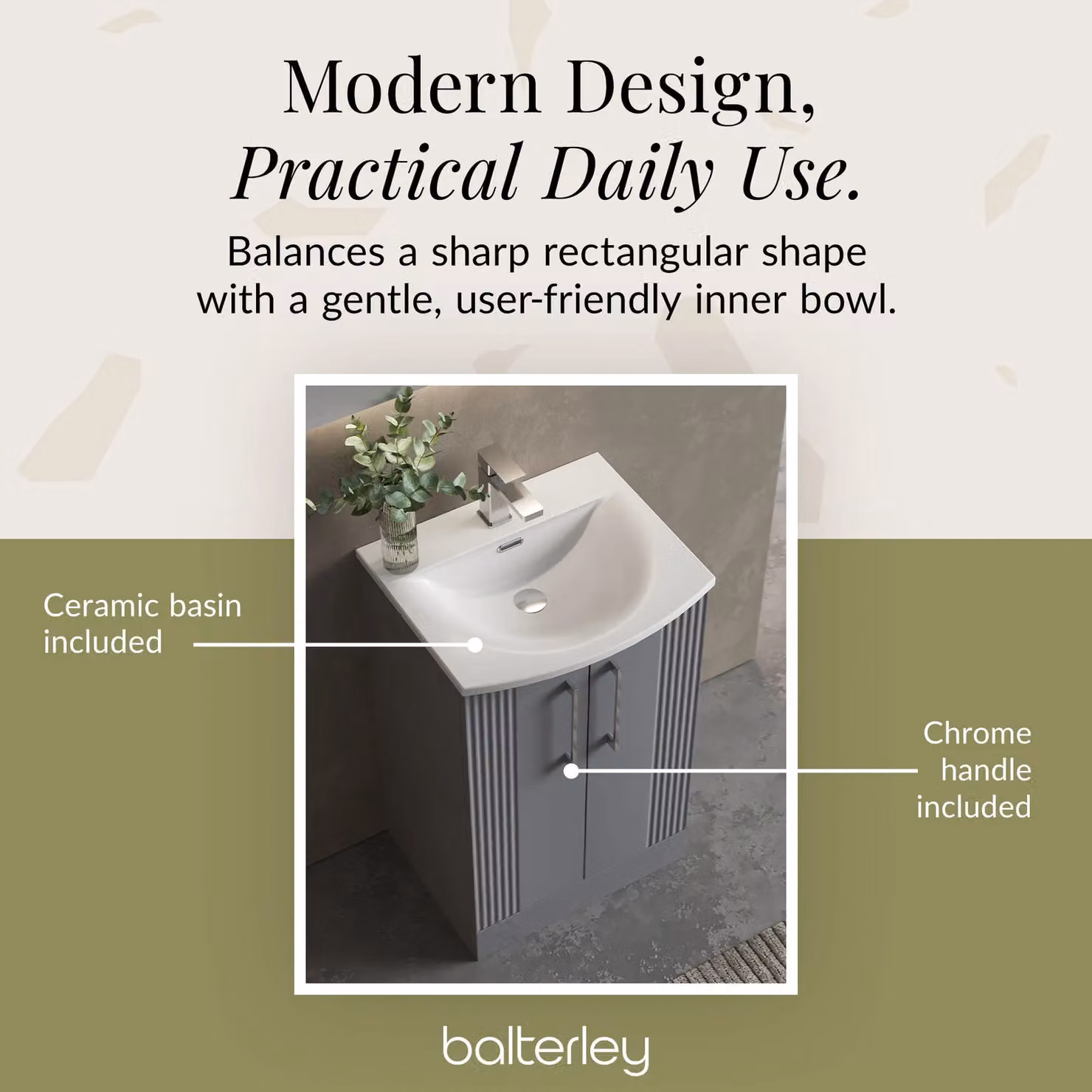 Balterley 2 Door Floor Standing Bathroom Vanity Unit with Curved Basin, Satin Grey – 5