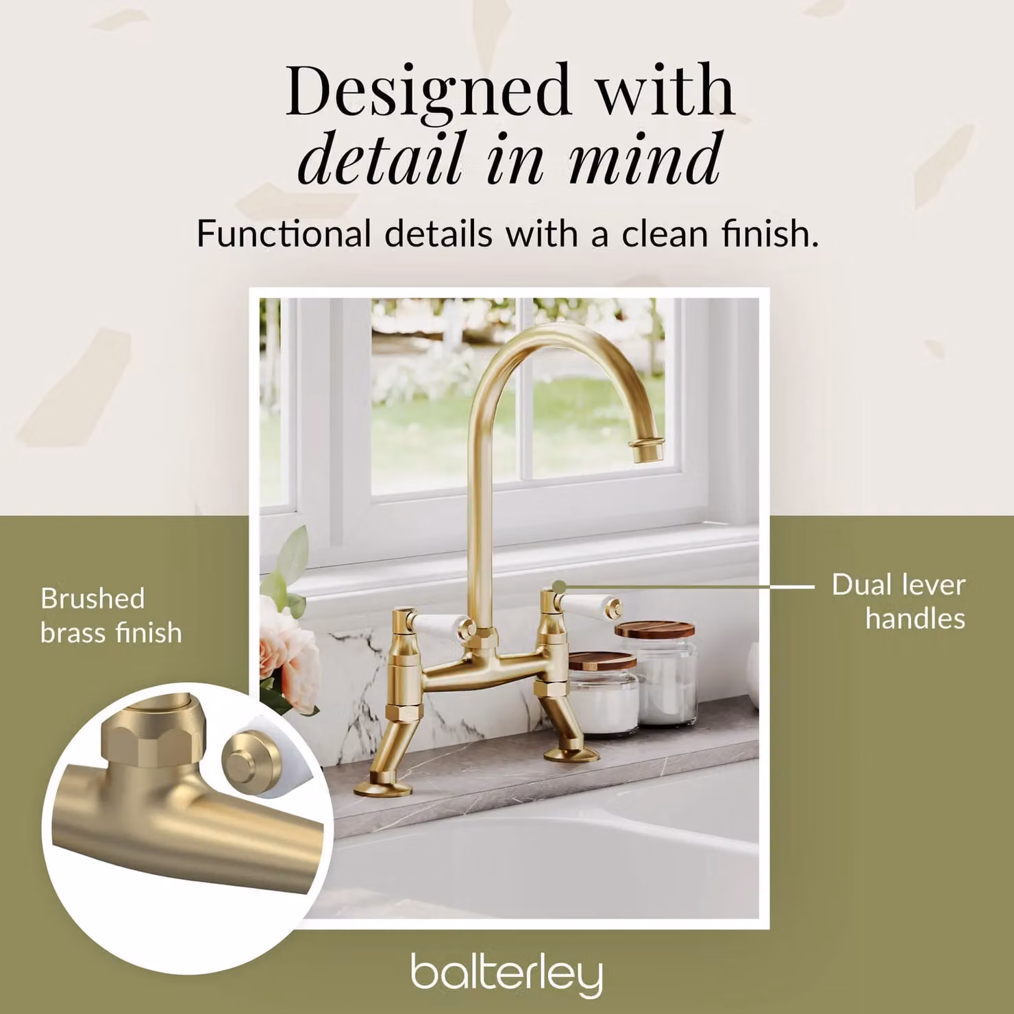 Balterley Traditional Bridge Kitchen Mixer Tap with Dual Levers and Swivel Spout in Brushed Brass, H 51.0 x W 23.5 x D 20.0 cm – 2