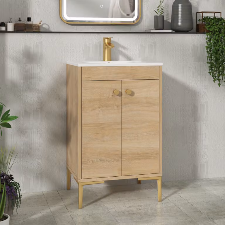 Royal Bathrooms Verona 500mm Natural Oak Floor Standing 2 Door Vanity Unit with Minimalist Basin and Brushed Brass Knob