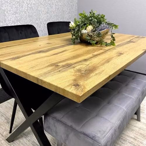 KOSY KOALA Modern Dining Table Set with Padded Bench and Black Velvet Chairs, Wood Effect Tabletop with X-Shaped Metal Legs – 3