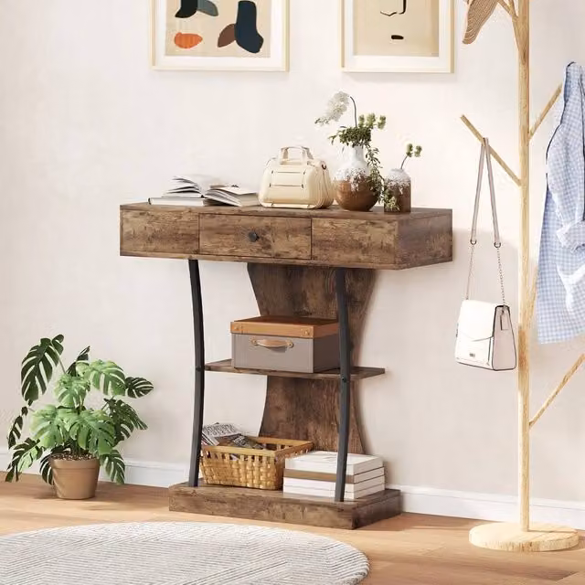 FORGEVIO Industrial 3-Tier Console Table with Drawer in Black and Brown – 1