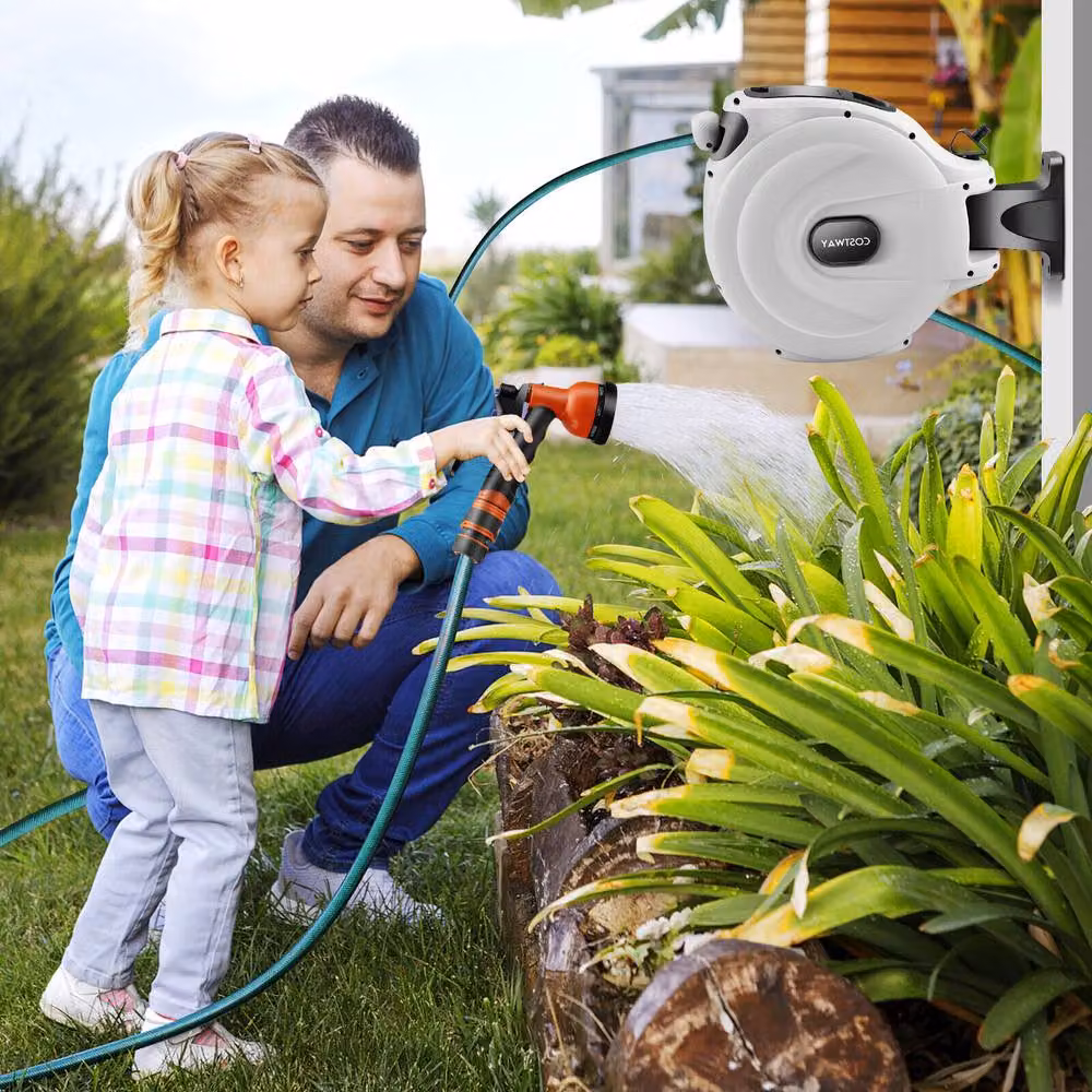 Costway Wall Mounted Retractable Auto Rewind Portable Hose Reel with 20+2m Hose in White – 3