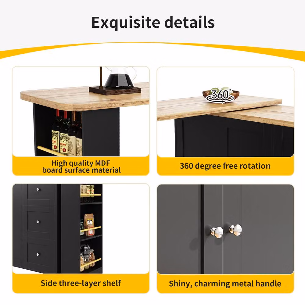 ModernLuxe Extendable Kitchen Island Bar Table with Storage Shelves in Black – 6