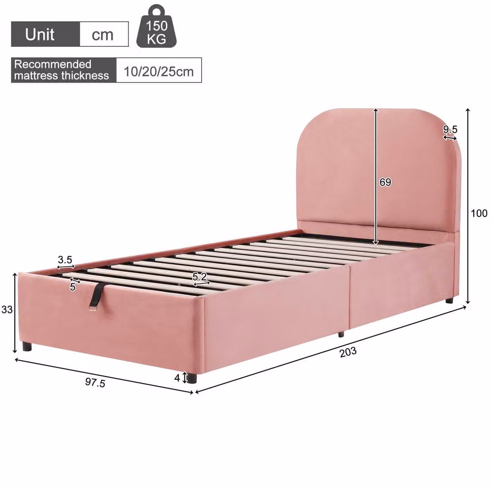 STILVORA Single Upholstered Velvet Bed with Lift Up Storage in Pink, W/D/H: 90 x 190 cm – 2