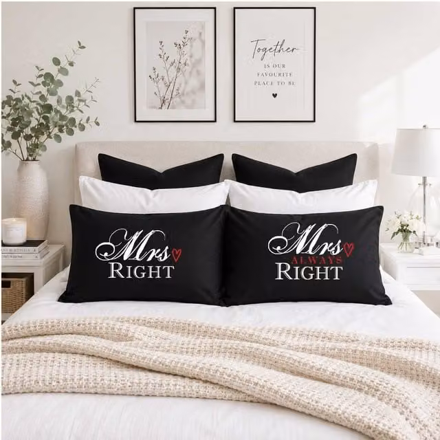 60 Second Makeover Black Mrs Right Mrs Always Right Cotton Pillowcases