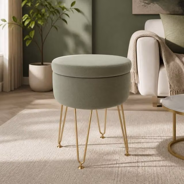 STILVORA Green Velvet Cylindrical Storage Ottoman with Gold Metal Legs