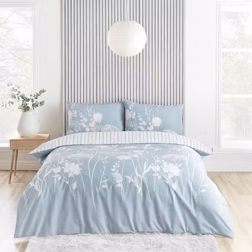 Catherine Lansfield Meadowsweet Floral Reversible Double Duvet Cover and Pillowcase Set in Blue, Duvet Cover 200 x 200 cm, Pillowcase 50 x 75 cm