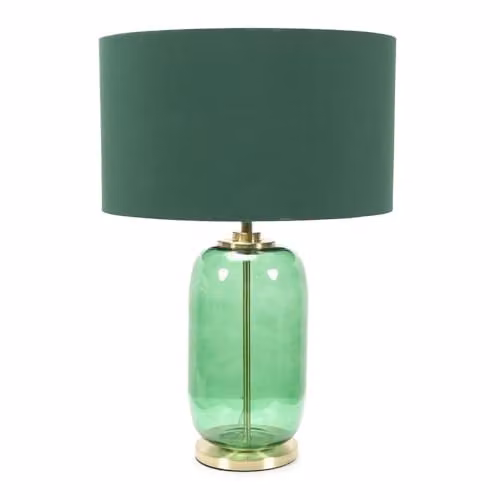 ValueLights Forest Green Glass and Gold Table Lamp with Fabric Drum Shade and LED Bulb