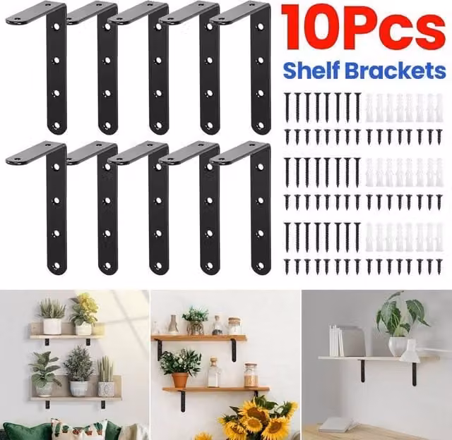 EONLION 10-Piece Black Iron L-Shaped Angle Shelf Brackets for Wall Mounting