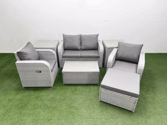 Fimous 5 Seater Grey PE Wicker Rattan Garden Furniture Set with Reclining Adjustable Chairs, Coffee Table and Ottoman