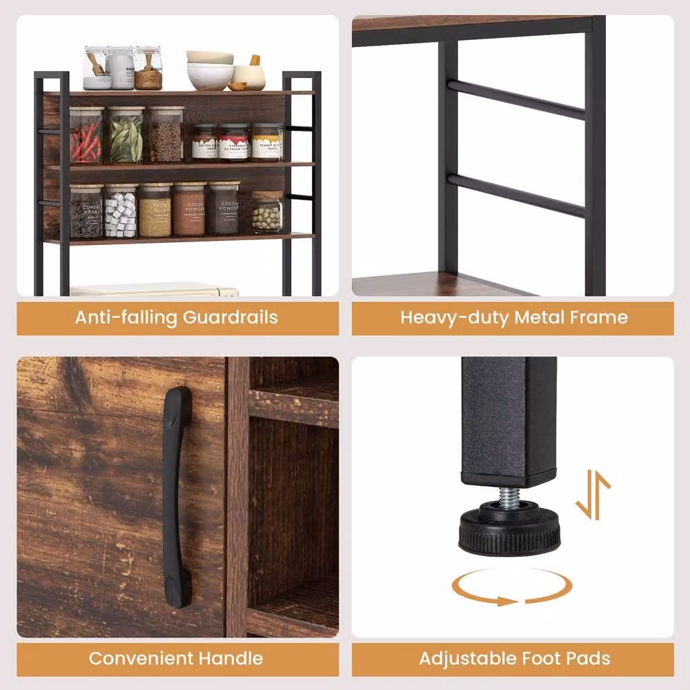 Gymax Brown Metal Bakers Rack Bar Cabinet and Microwave Stand with Power Outlet – 6