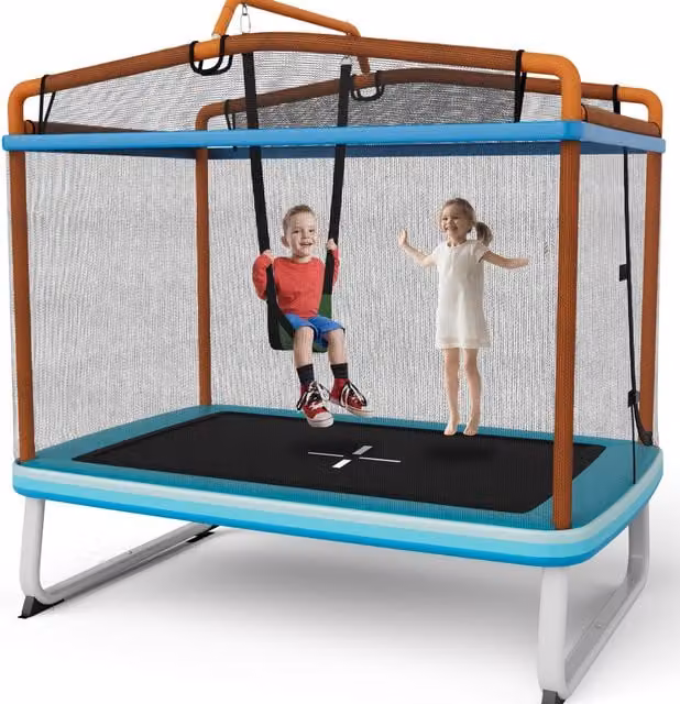 Costway 6FT Kids Rectangle Toddler Mini Trampoline with Safety Net and Swing in Orange