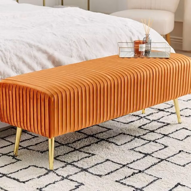 Wyld and Coco Orange Velvet Bench with Gold Metal Legs W: 118 cm, D: 40 cm, H: 40 cm