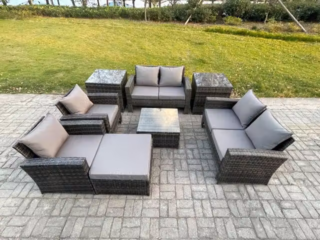 Fimous Rattan Garden Furniture Set in Dark Grey with U-Shape Sofa, Coffee Table and Ottoman