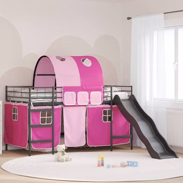 Berkfield Home Kids' Metal Loft Bed Frame in Black and Pink, W/D/H: 90 x 200 cm