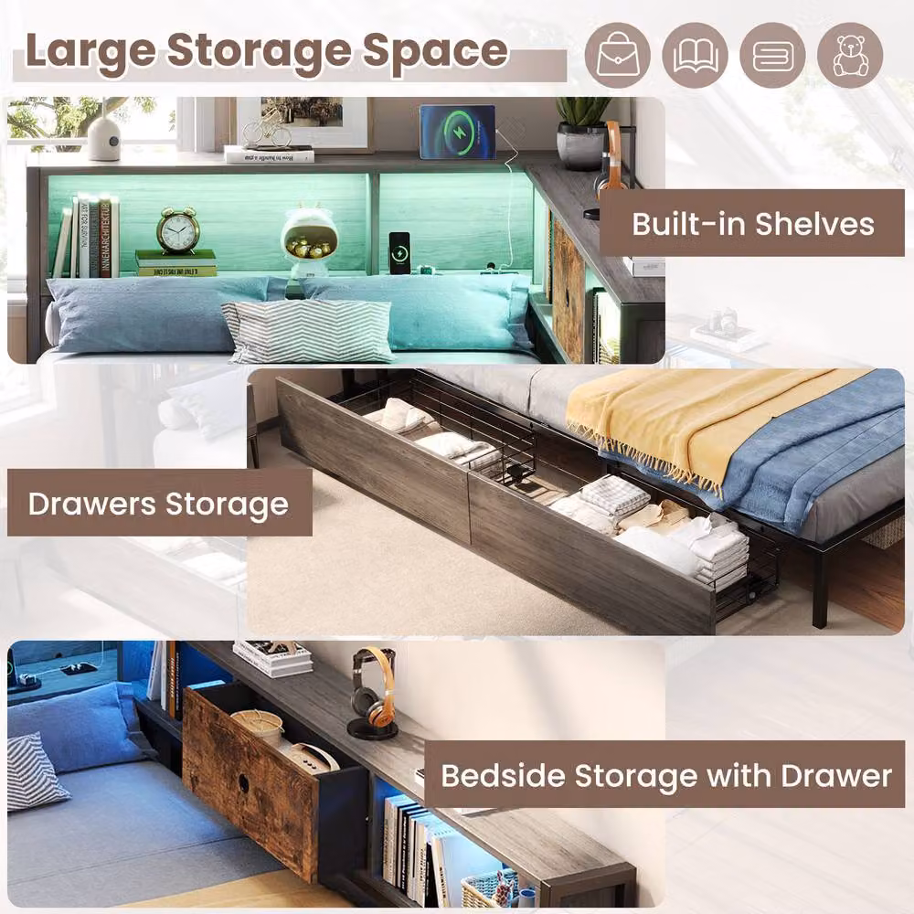 ModernLuxe Single Bed Frame in Brown with LED Lighting, USB Charging Port, Drawers and L-Shaped Storage Headboard, W/D/H: 90 x 190 x 111 cm – 6