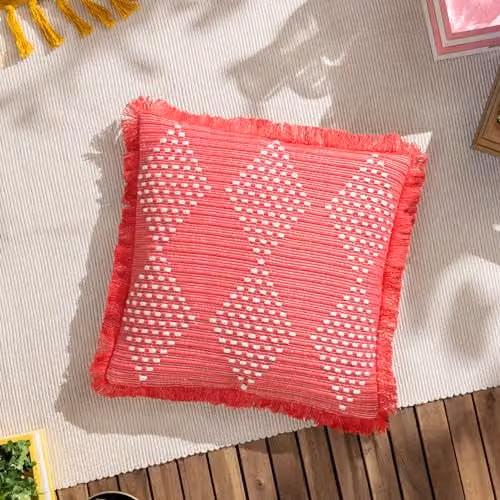 Furn Kadie Pink Woven Boho Square Outdoor and Indoor Cushion, W/D/H: 45 x 45 x 45 cm
