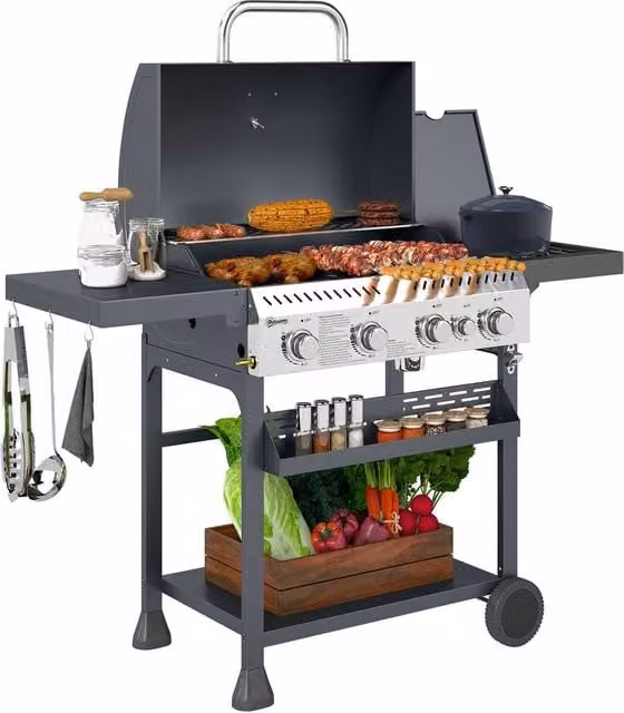 Rolipo Five Burner Steel Gas Grill with Thermometer and Warming Rack in Black