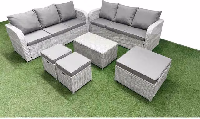Fimous 9-Seater Wicker Rattan Garden Sofa Set with Coffee Table and Ottoman, Light Grey