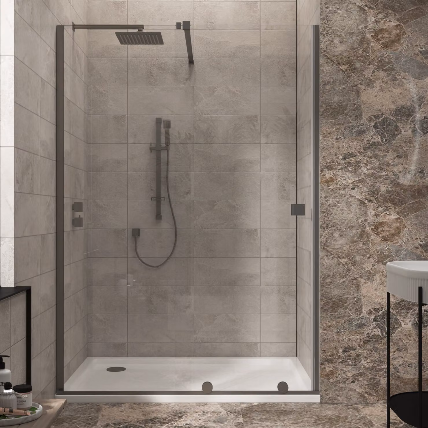 Luton Recessed Sliding Wet Room Shower Screen with 8mm Easy Clean Glass, Gun Metal Grey, W: 100 cm, H: 195 cm