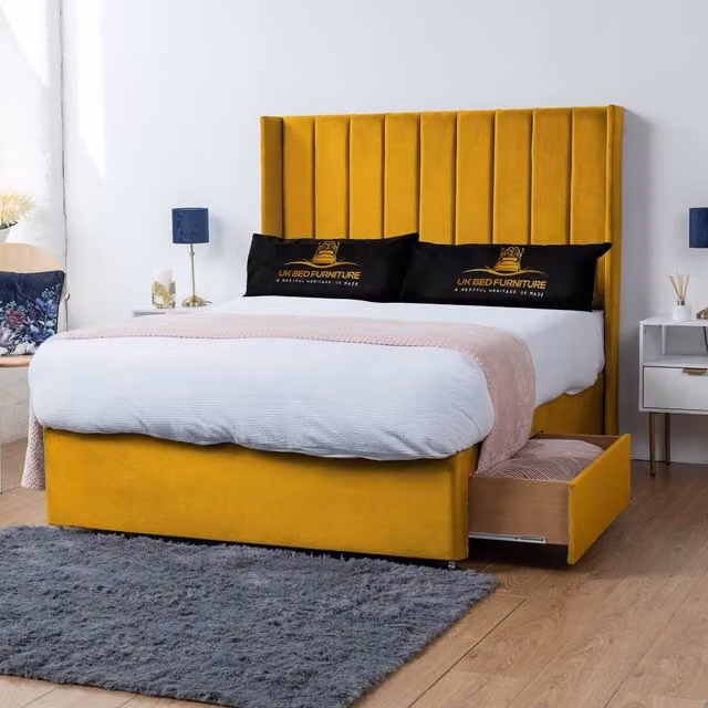 UK Bed Furniture Bella Wingback Divan Bed with 2 Drawers and 54 Inch Headboard, Yellow Velvet, W/D/H: 180 x 200 cm