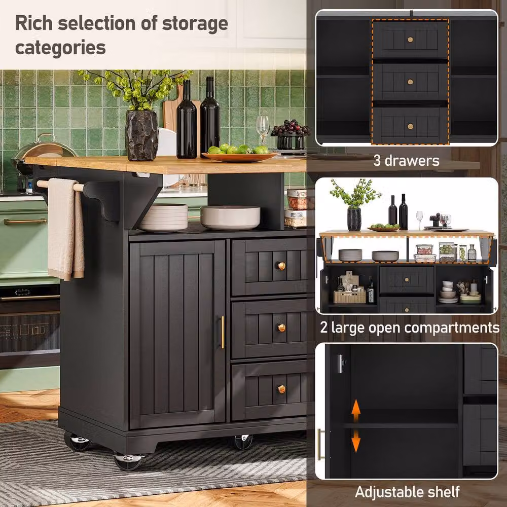 Rolipo Extendable Kitchen Island Trolley with Drop Leaf Storage in Black – 3