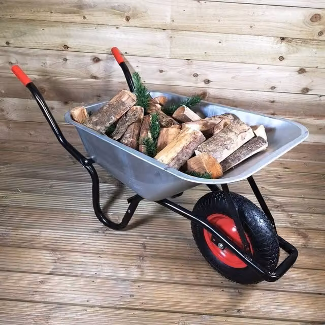 VOGREX 90 Litre Galvanised Metal Garden Wheelbarrow with Pneumatic Tyre, 150kg Capacity, Silver – 1