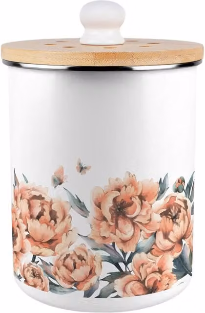 Purely Home Peach Peonies Metal Food Waste Caddy, 2L, Pink and White