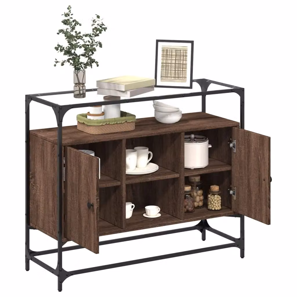 Berkfield Home Sideboard in Brown Oak with Glass Top, W/D/H: 98 x 35 x 81 cm – 3