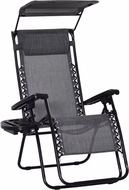 Outsunny Zero Gravity Garden Deck Folding Chair Sun Lounger with Canopy, Cup Holder and Adjustable Headrest, Grey – 1