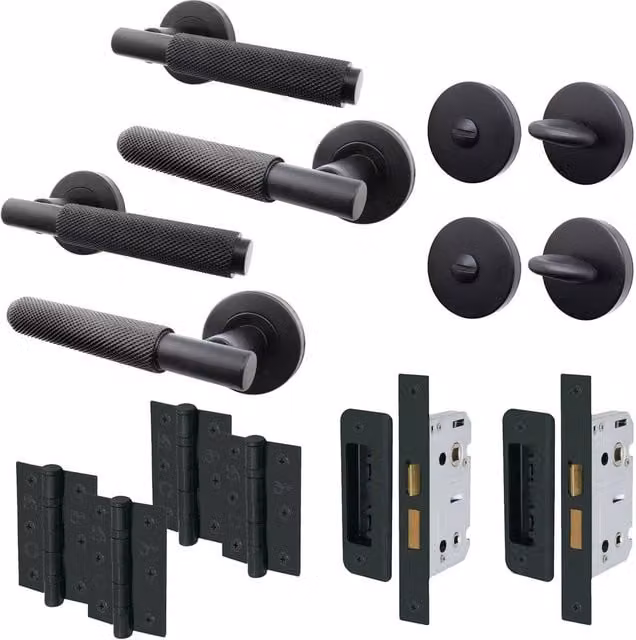 AFIT Matt Black Knurled Aluminium Rosette Door Handle Set, Pack of 2 – 1