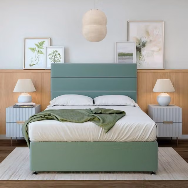 Bedmaster Plush Velvet Upholstered Divan Base with Storage Drawers and Lined Headboard in Duck Egg Blue, 180 cm