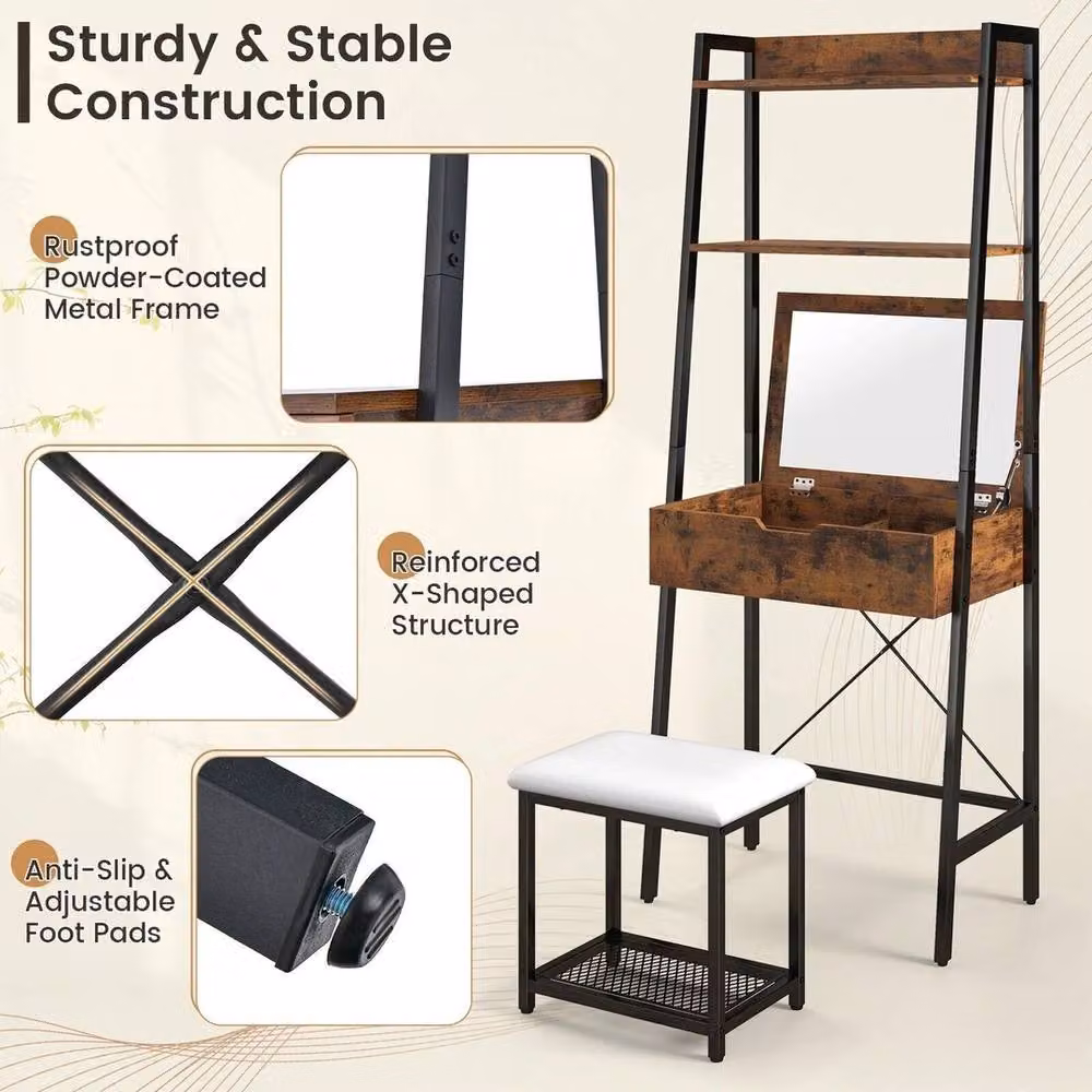 VOGREX 3-in-1 Industrial Vanity Table with Stool and Storage in Brown – 3