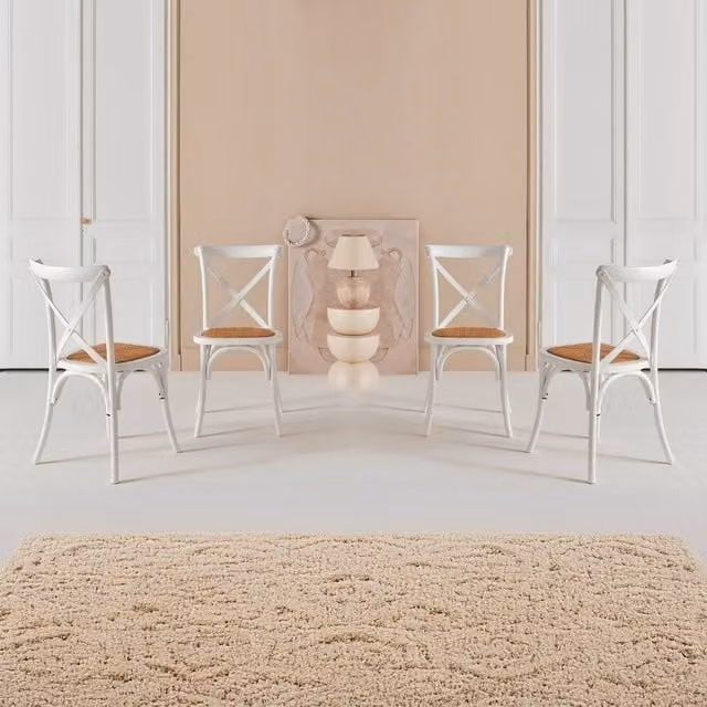 sweeek Set of 4 White Vintage Wooden Bistro Chairs with Rattan and Fabric Details – 1