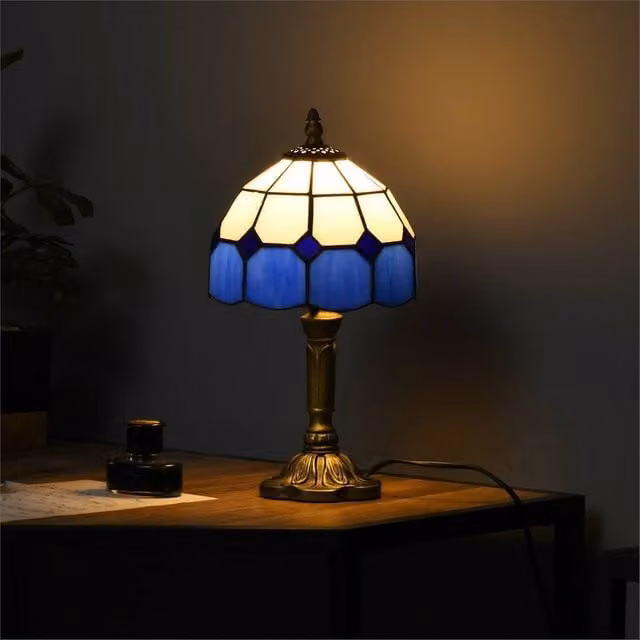 EONLION Art Deco Blue and White Stained Glass Table Lamp with Bronze Metal Base