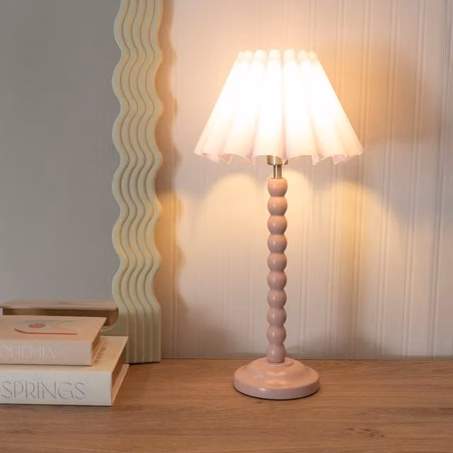 ValueLights Rose Pink Bobbin Stem Table Lamp with Lilac Fabric Tapered Shade