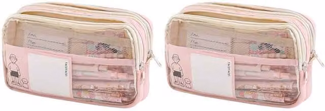 Two-Pack Large Capacity Three-Layer Transparent Pink Pencil Cases
