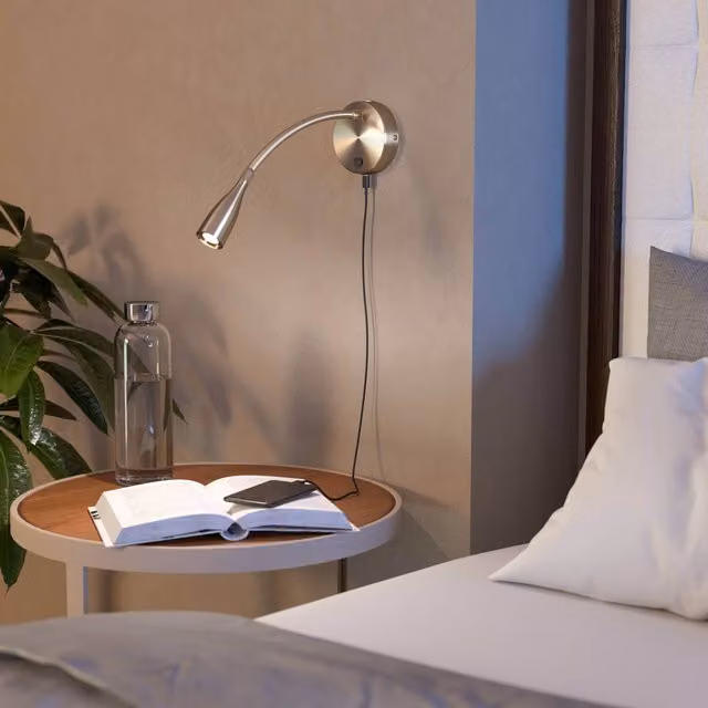 Eglo Olivandino 1 Nickel LED Wall Light with Flexible Arm and USB Port in Satin Nickel