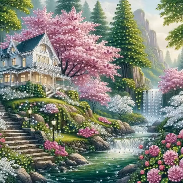 Syntego House by the Waterfall Diamond Painting Kit for Adults, Multicolour and Green