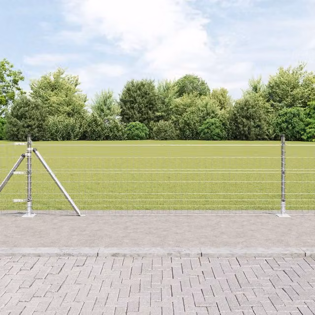 Berkfield Home Euro Fence with 7 Flanged Posts, Galvanised Steel, Silver/Grey, W: 10 m, H: 0.6 m