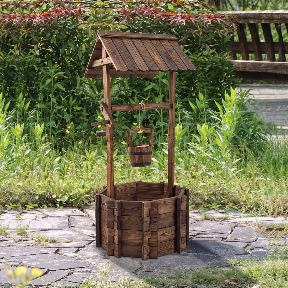 EONLION Brown Wooden Outdoor Wishing Well Planter – 4