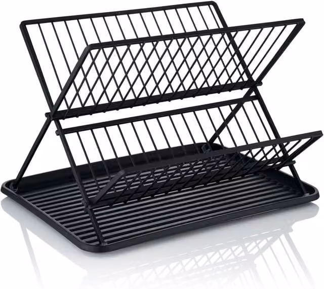 Swans Stealth Collapsible Metal Dish Rack with Drip Tray, Black