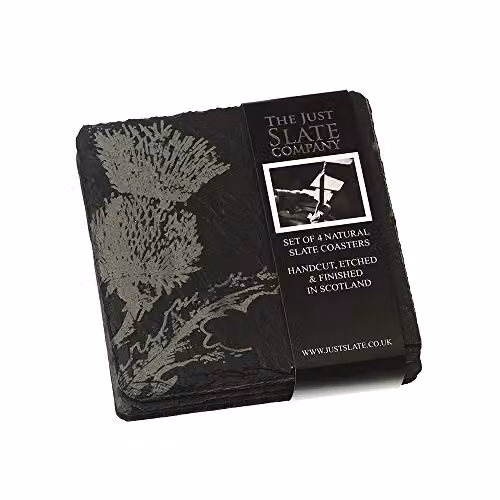 Selbrae House Square Slate Coasters with Floral Thistle Design in Grey and Black, Set of 4 – 4
