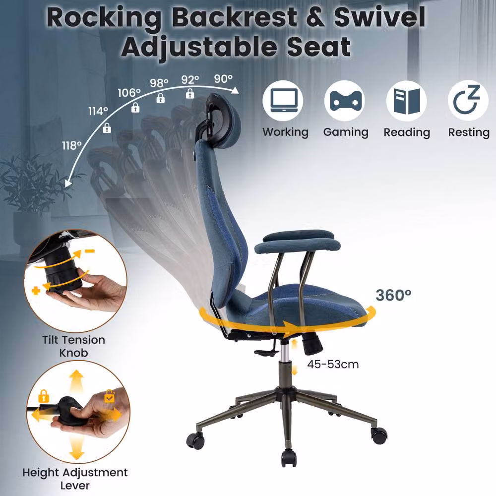 Gymax Ergonomic Office Chair with Headrest and Rocking Backrest in Navy Blue Microfibre Fabric – 3
