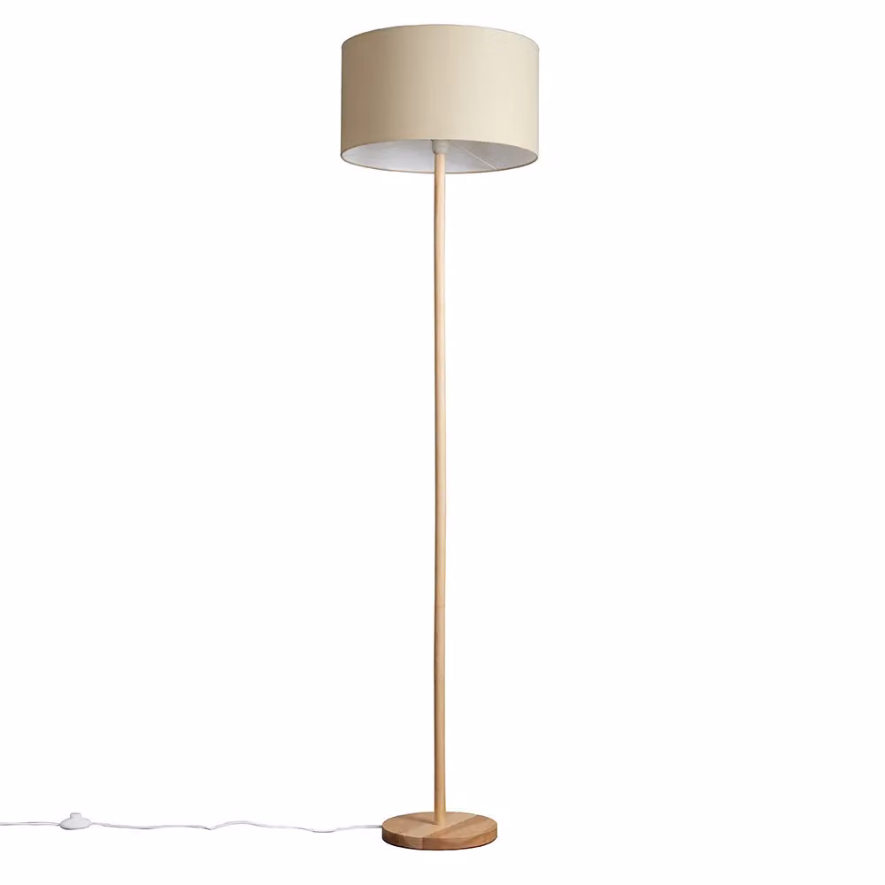 ValueLights Scandinavian Wood Floor Lamp with Beige Fabric Cylinder Shade – 1