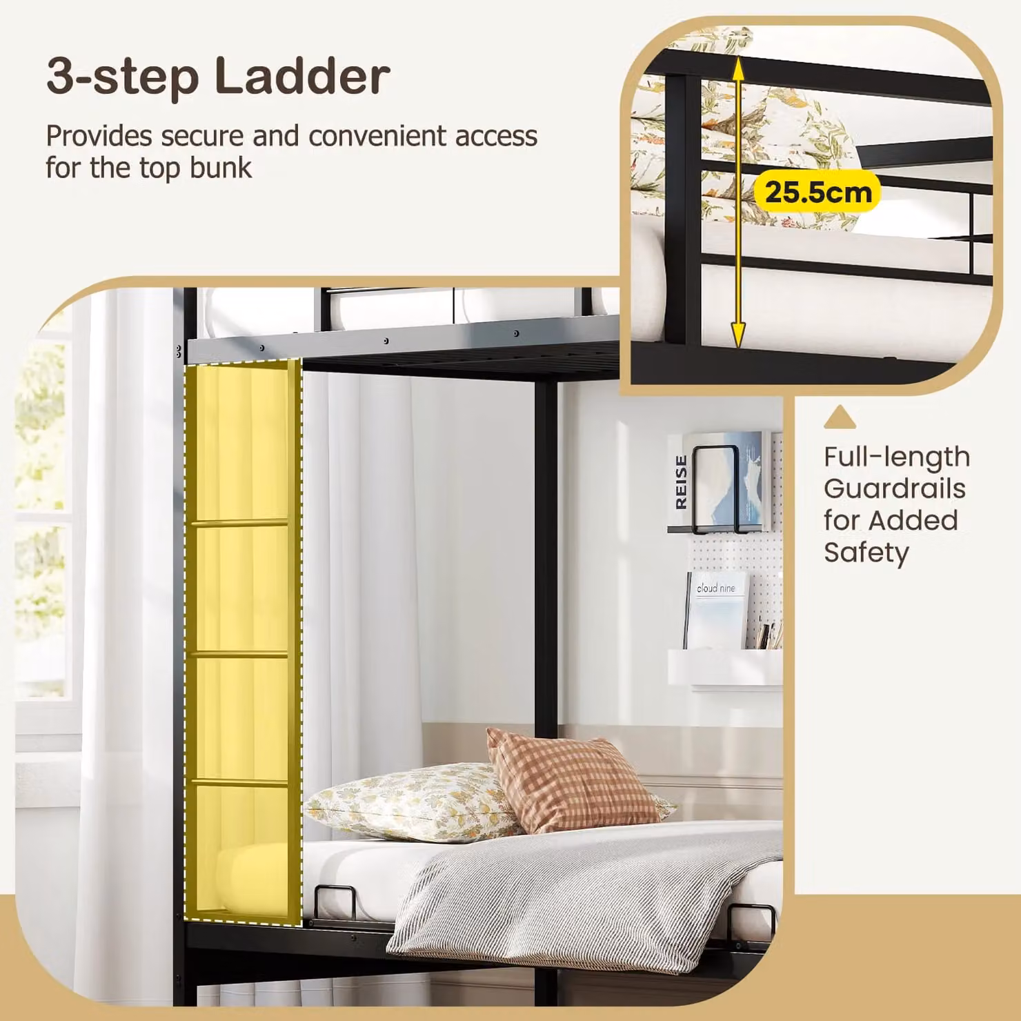 Gymax Single Over Futon Bunk Bed with Ladder and Bedside Shelf, Black – 3