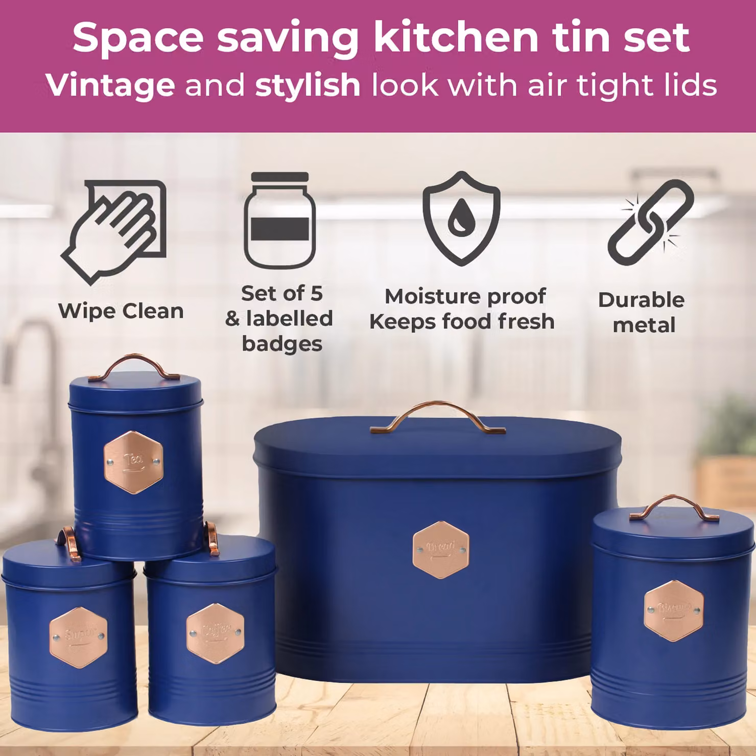 Neo 5 Piece Metal and Bamboo Kitchen Canister Set in Navy Blue – 3